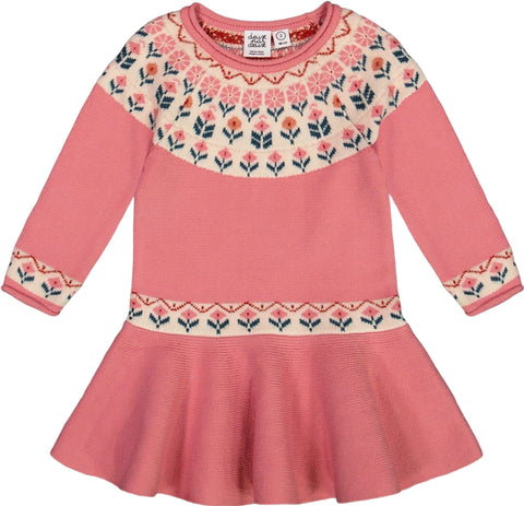 Deux par Deux Knit Dress with Round Intarsia Flowers - Big Girl