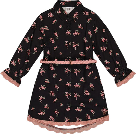 Deux par Deux Printed Flowers Viscose Shirt Dress with Belt - Little Girl