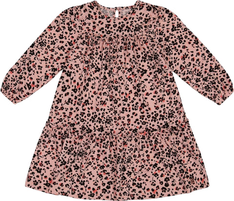 Deux par Deux Printed Leopard Flowers Long Sleeve Dress with Frills - Little Girl