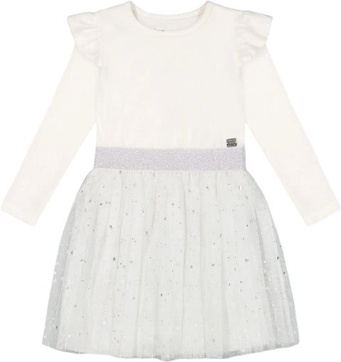 Deux par Deux Long Sleeve Dress with Glittering Tulle Skirt - Big Girl