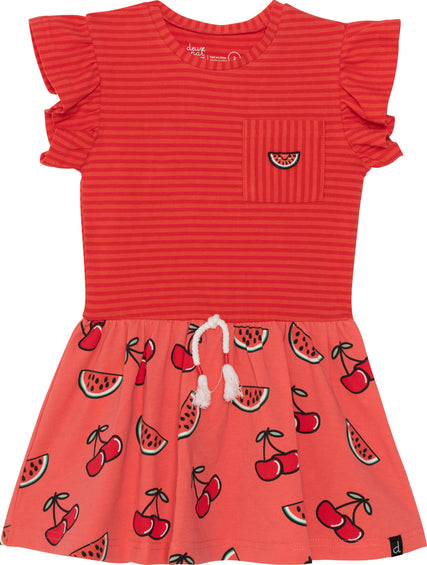 Deux par Deux Organic Cotton Stripe and Coral Cherry Print Short Sleeve Dress - Little Girls