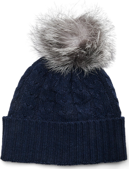 Harricana Recycled Cashmere Cable Beanie With Reused Fur Pom - Women's