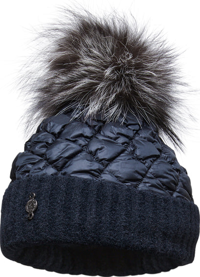 Harricana Puffer Beanie With Knitted Cuff With Upcycled Fur Pom - Women's