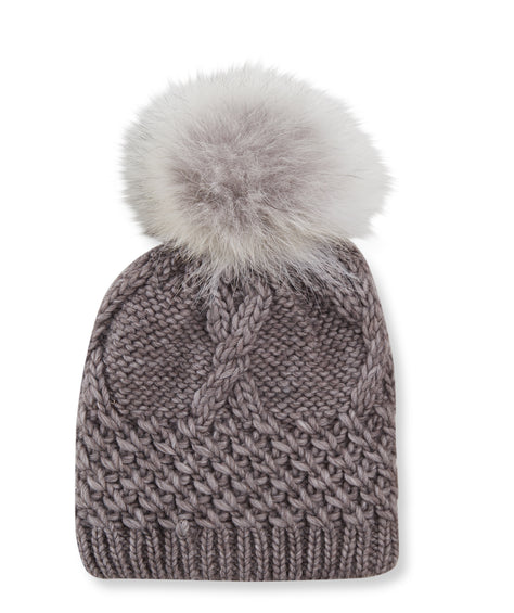 Harricana Chunky Torsade Beanie  With Upcycled Fur Pom - Women's