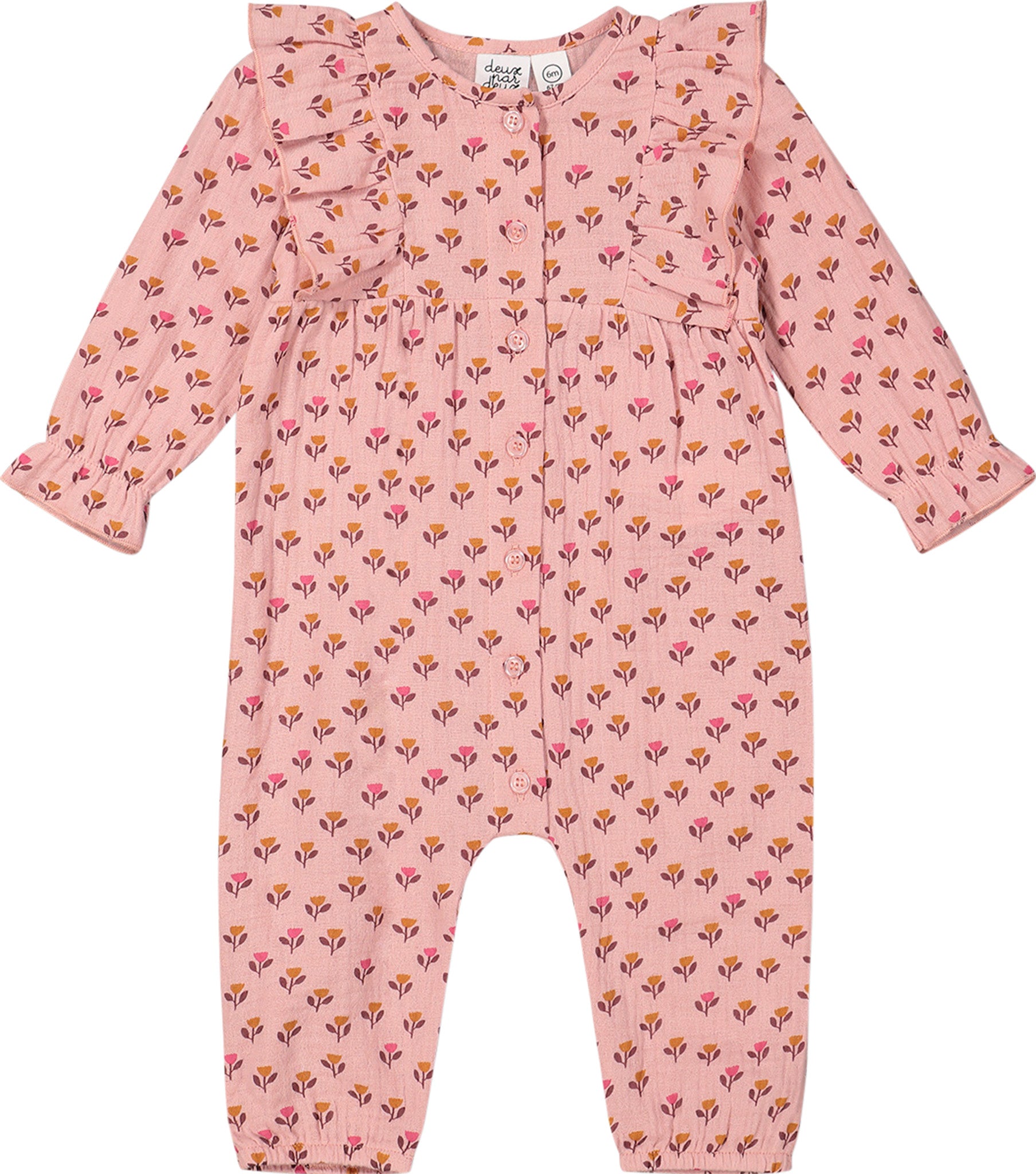 Deux par Deux Pinky Tulip Print Muslin Jumpsuit with Ruffle - Toddler Girls